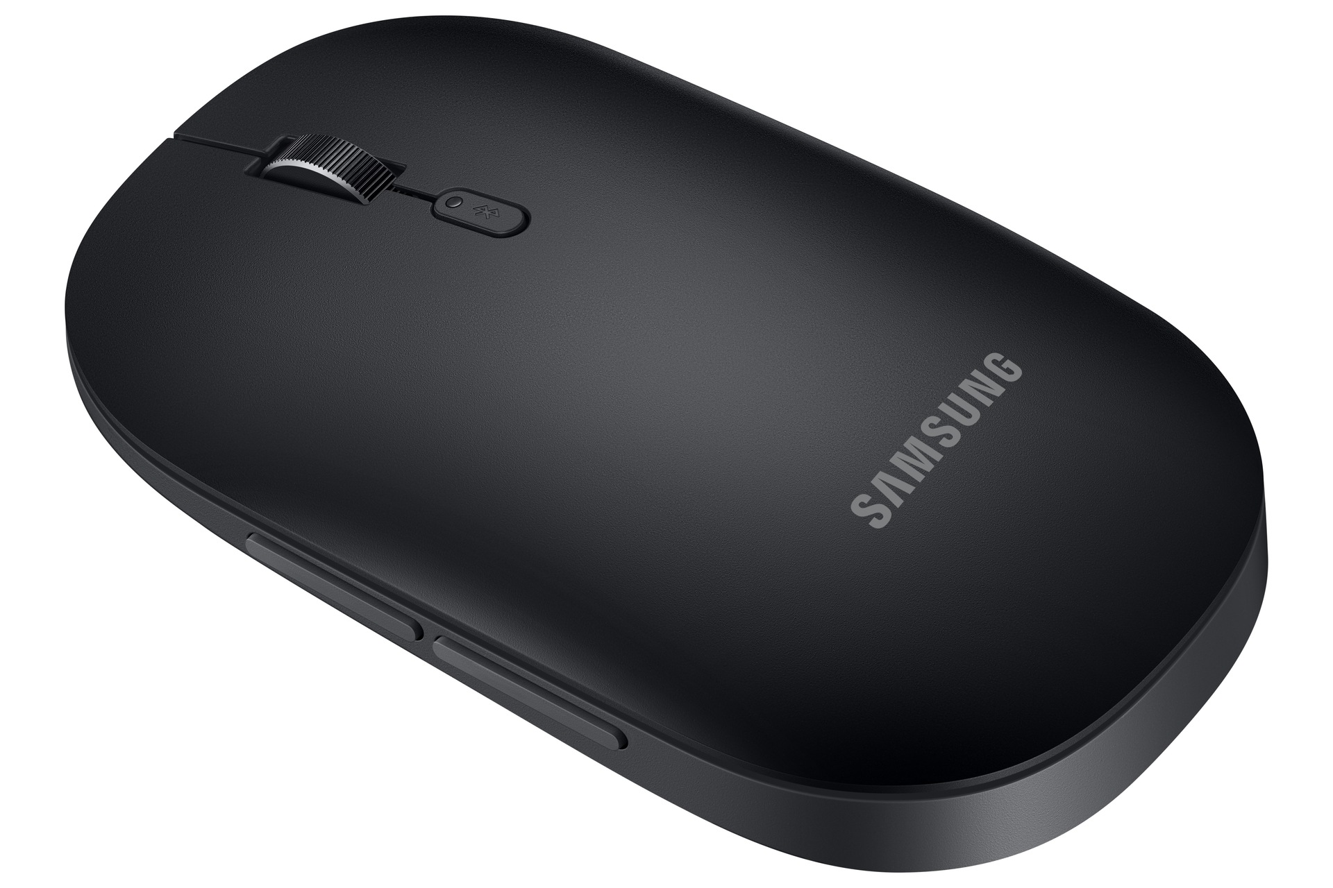 Un rat#n Bluetooth negro de Samsung con rueda de desplazamiento y botones laterales sobre fondo blanco.