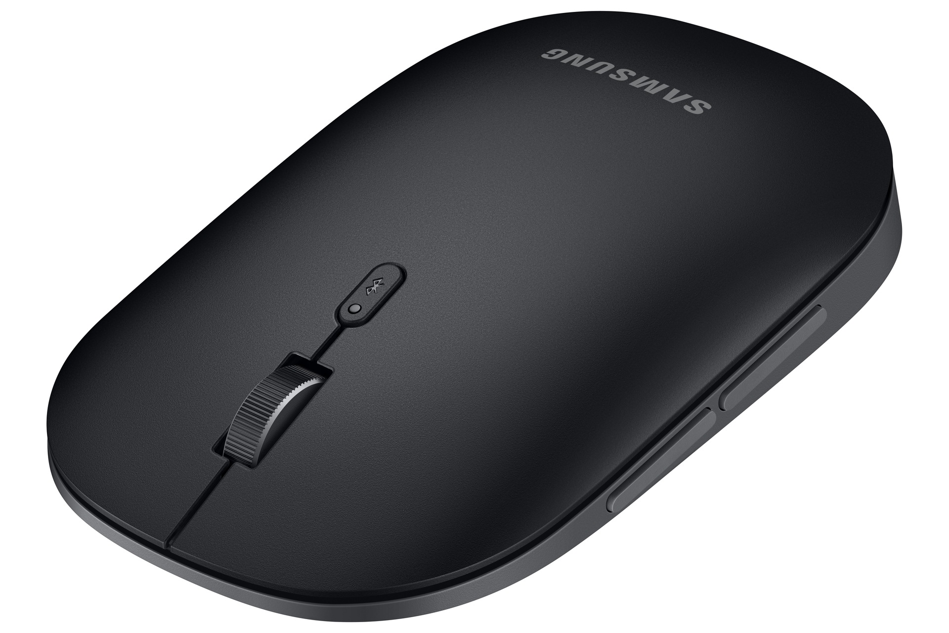 Un ratón de ordenador inalámbrico Samsung negro con rueda de desplazamiento.