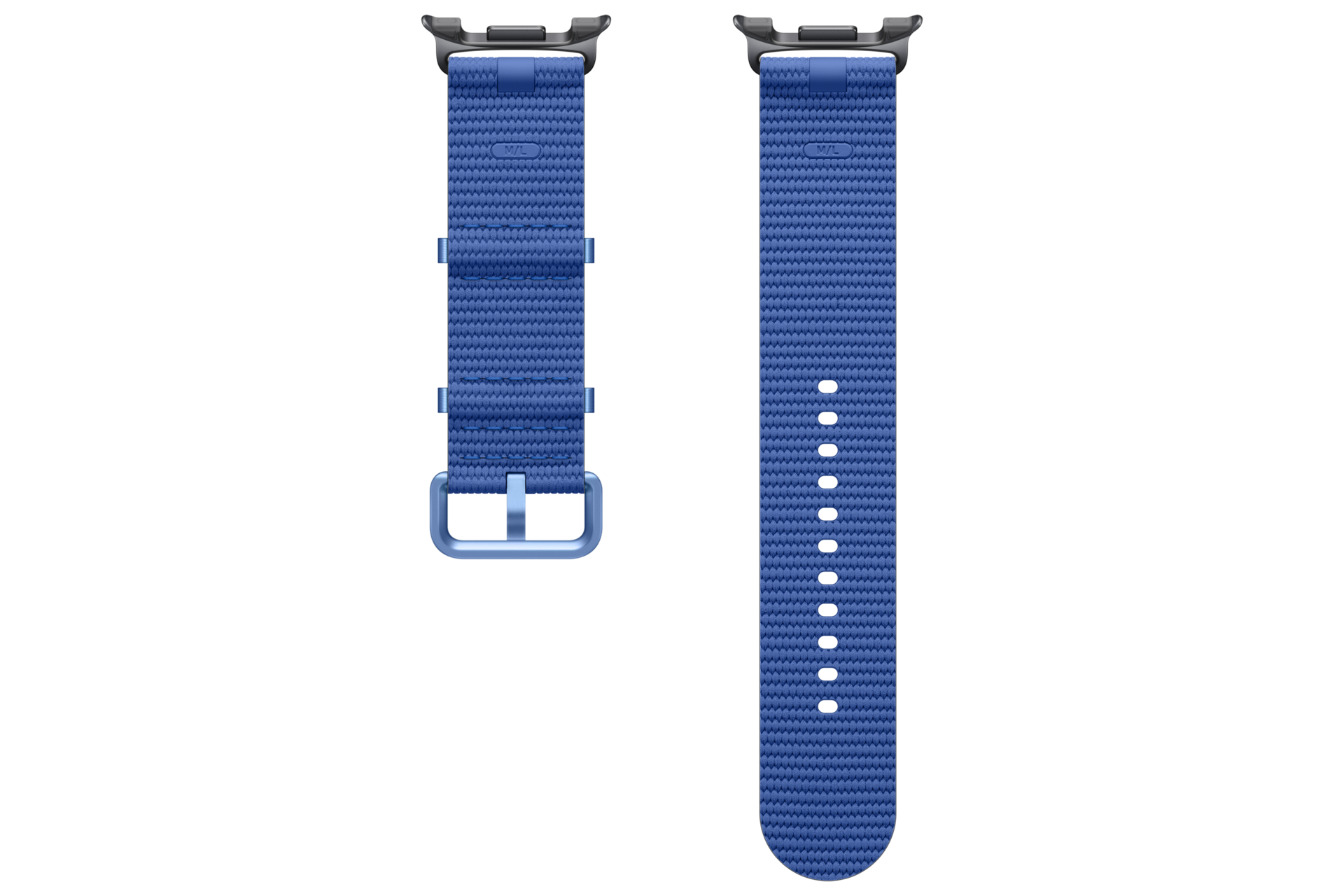 Due viste di un cinturino per orologio intrecciato blu con fibbia su sfondo nero.