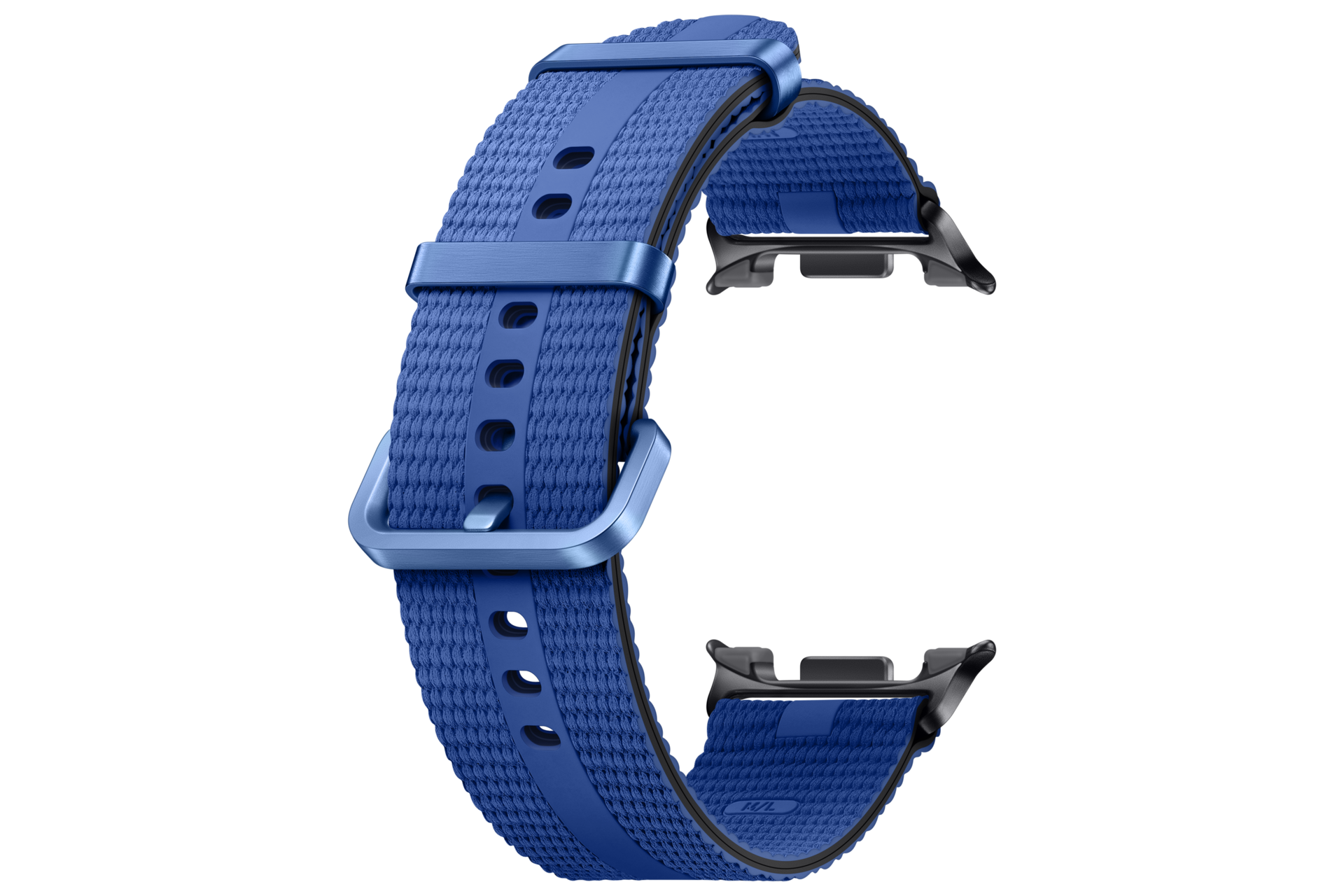 Un cinturino per orologio in tessuto blu con fibbia e connettori in metallo, su sfondo nero.