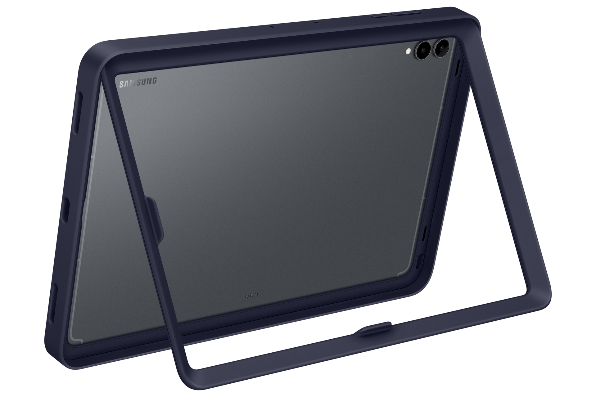 Un tablet Samsung in custodia protettiva blu scuro con supporto integrato su sfondo nero.