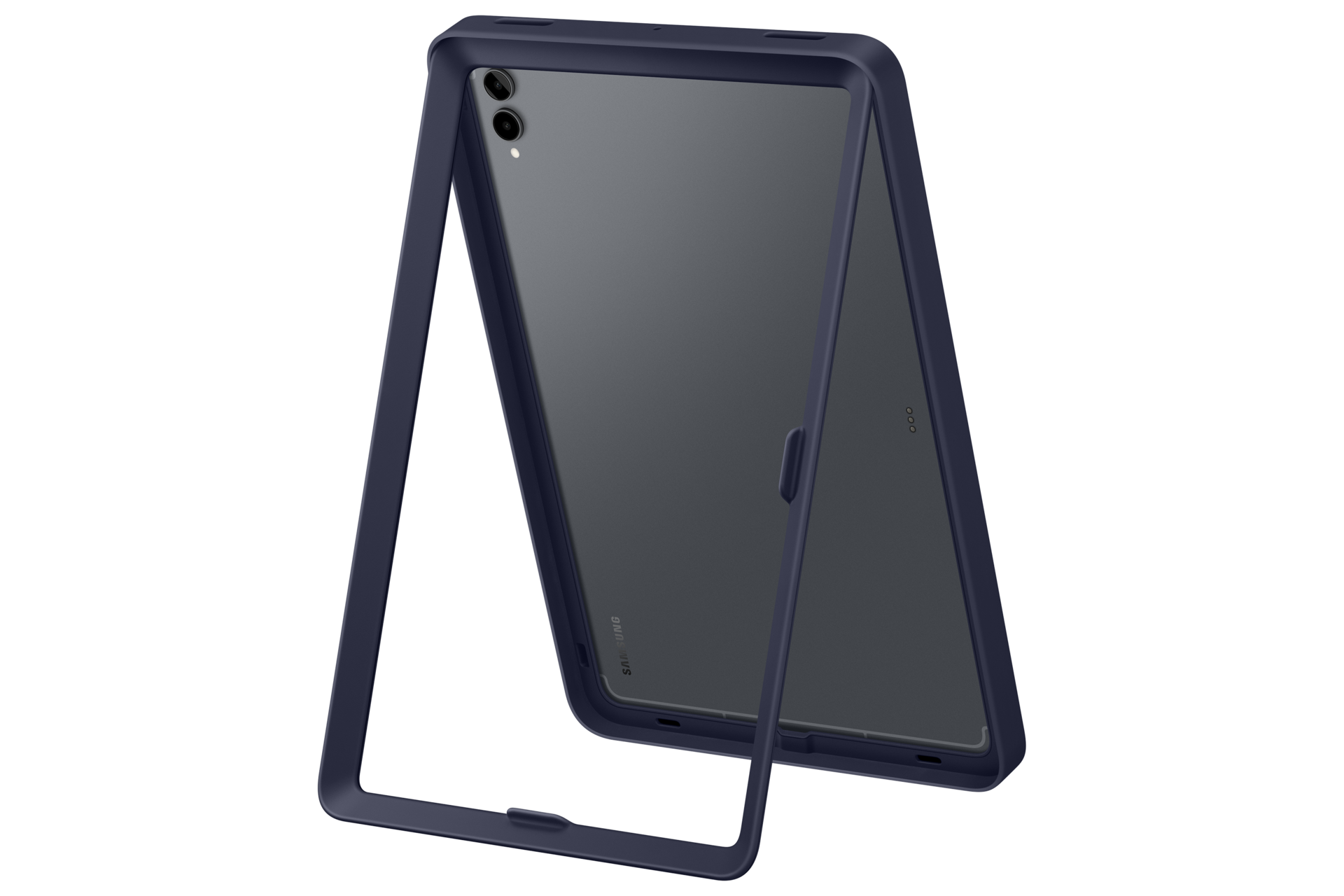 Un tablet grigio con custodia protettiva blu e supporto integrato su sfondo nero.