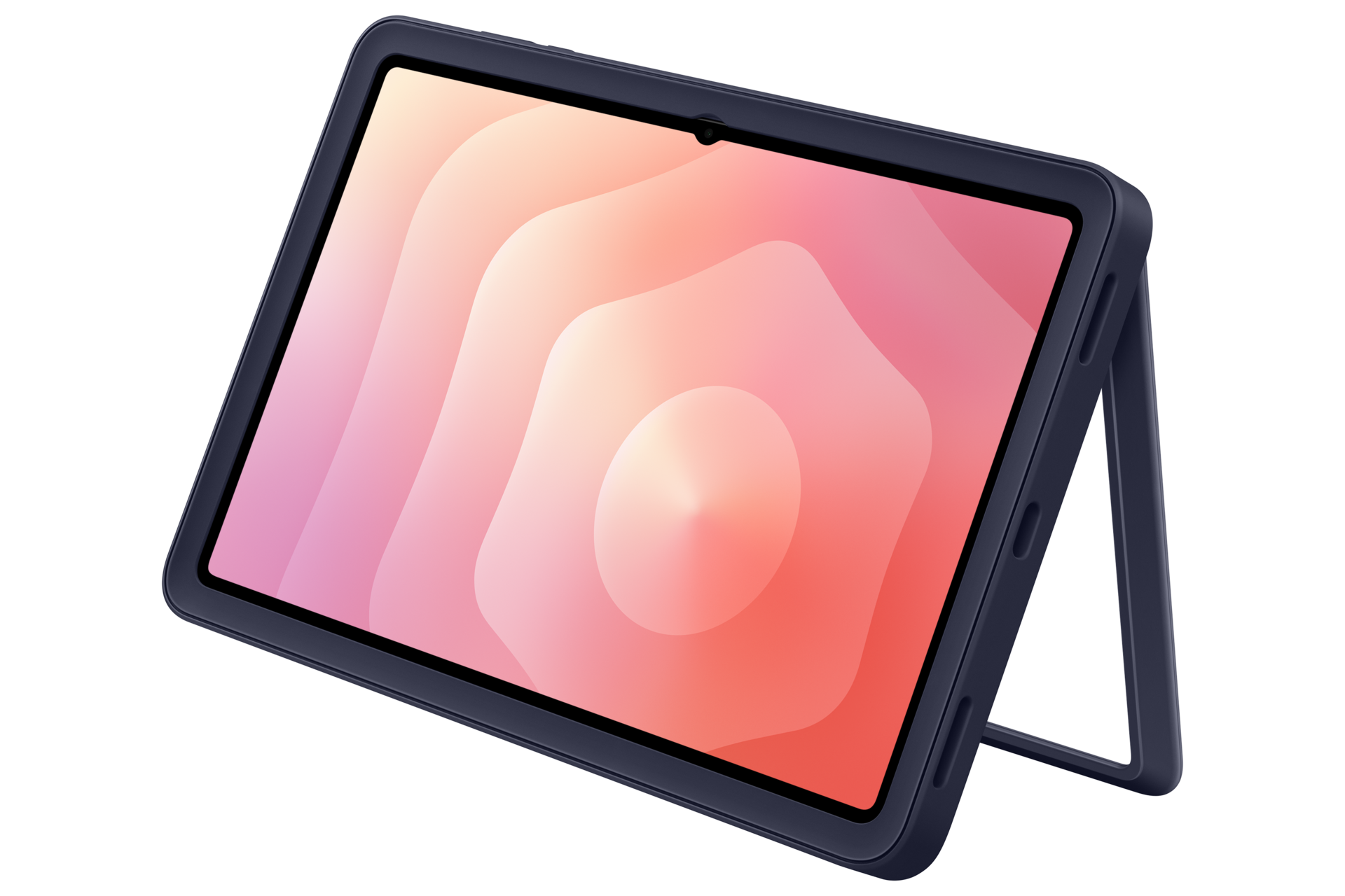 Un tablet grigio scuro su supporto mostra un motivo rosa astratto sullo schermo su sfondo nero.