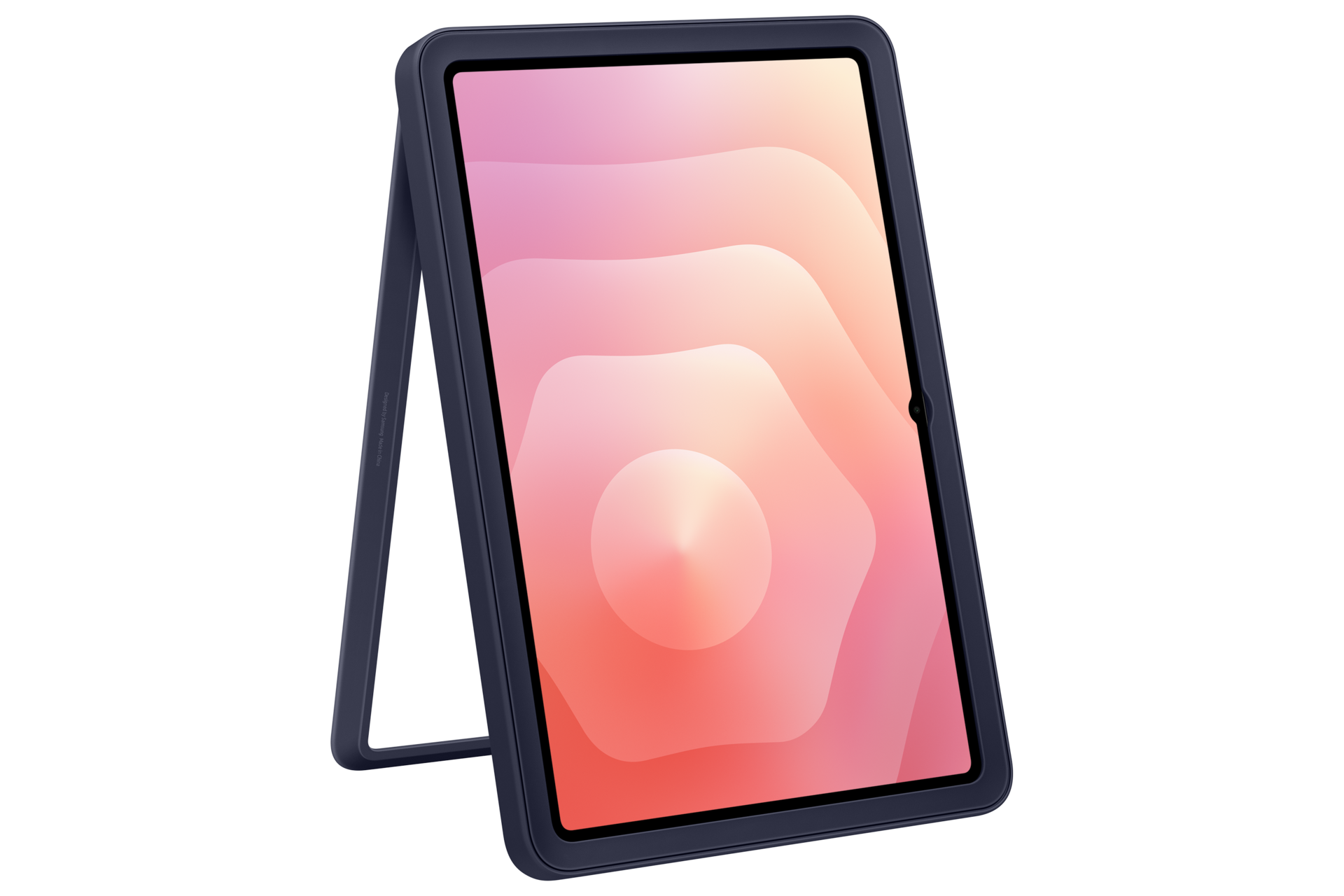 Un tablet scuro con custodia protettiva e supporto integrato mostra uno sfondo astratto rosa e arancione.