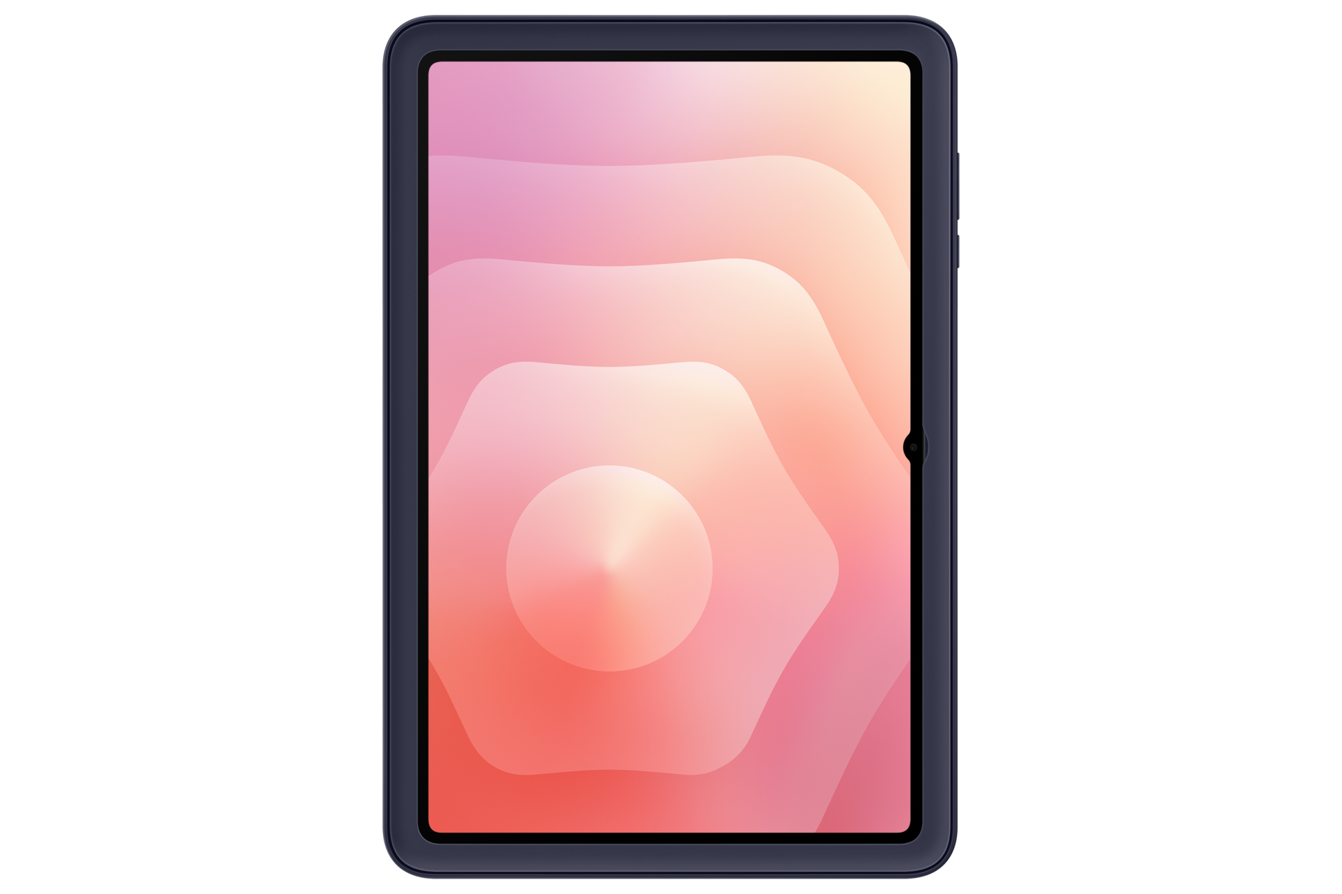 Un tablet scuro che mostra uno sfondo astratto rosa e ondulato sullo schermo.