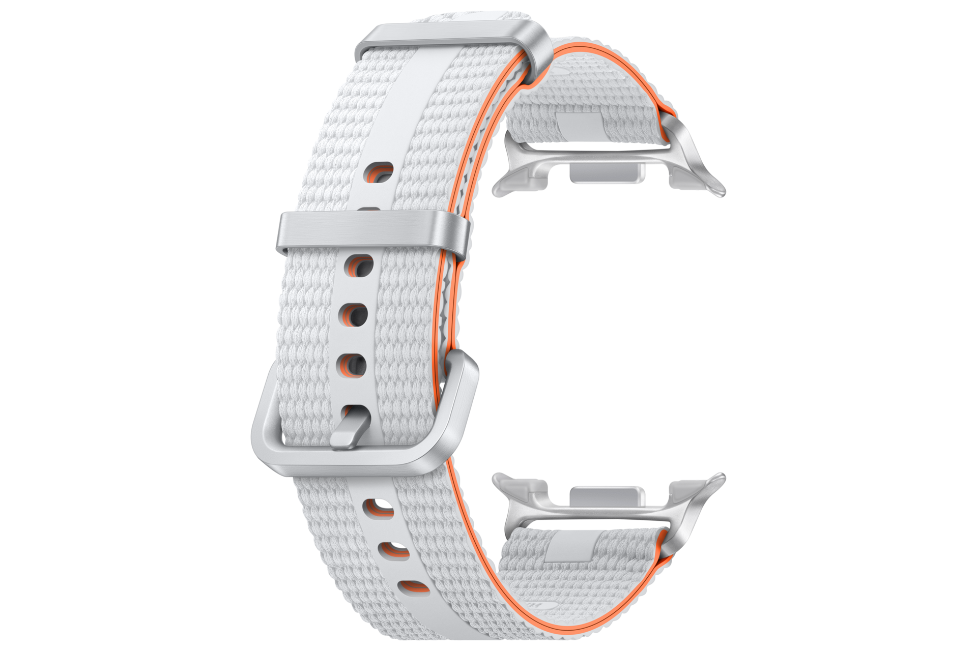 Una correa de reloj inteligente blanca tejida con borde naranja y hebilla de metal sobre fondo negro.