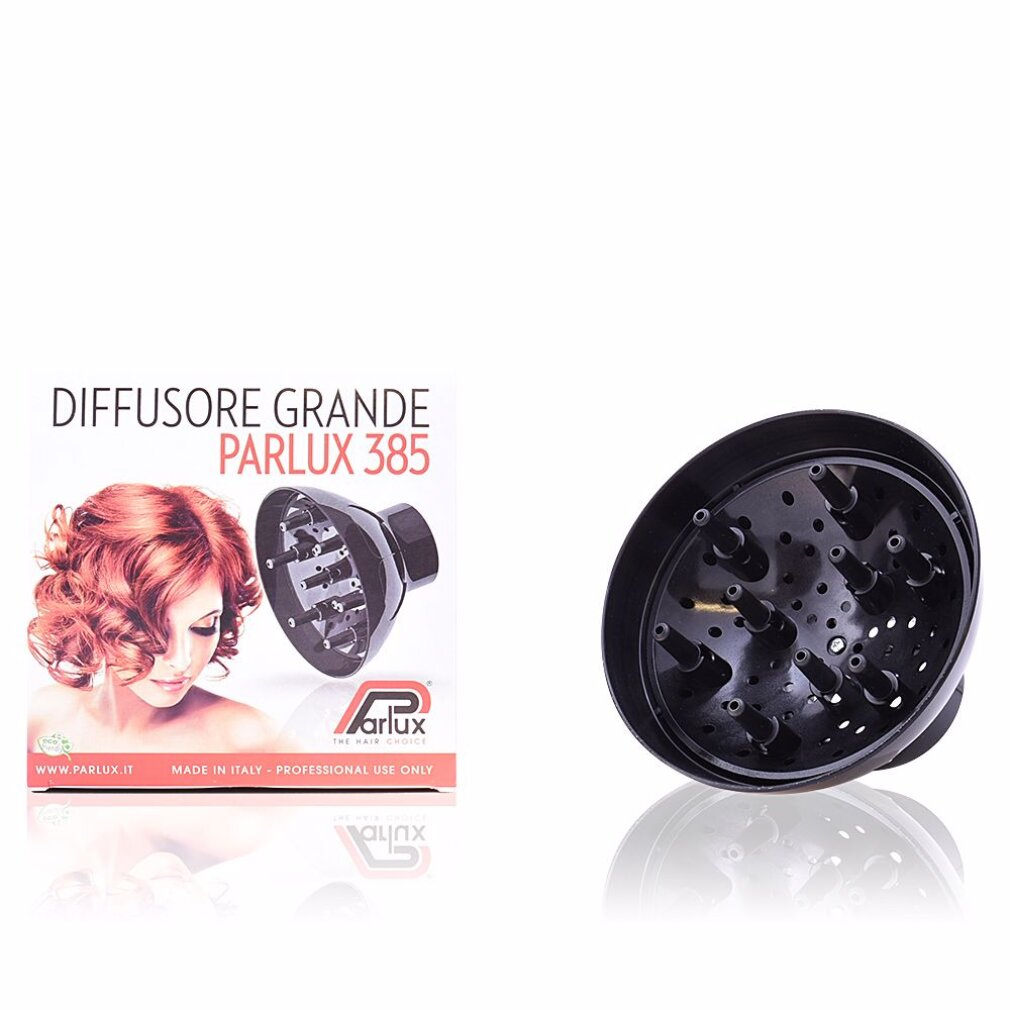 Diffusore per capelli Parlux 385 nero accanto alla scatola.