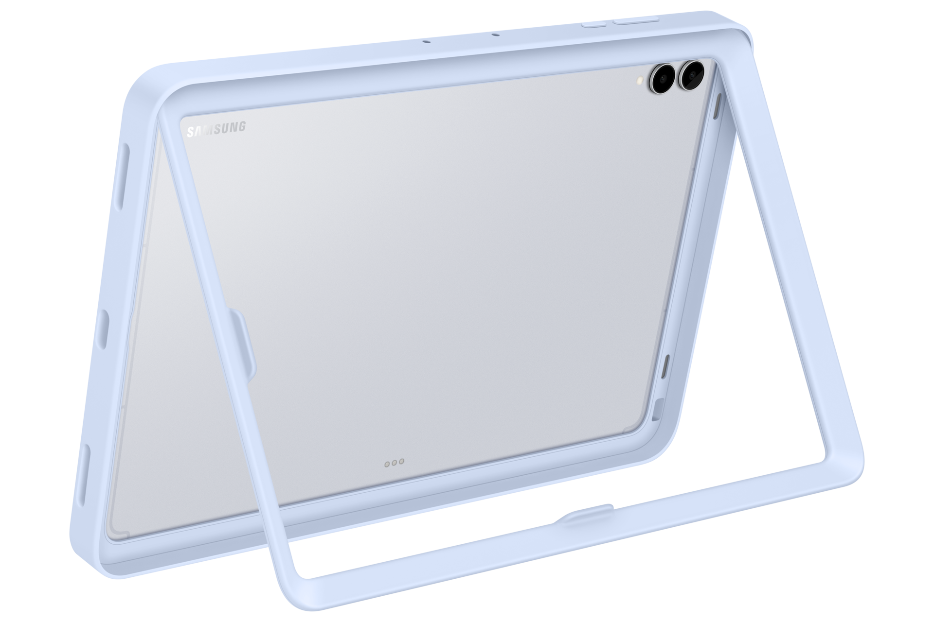Un tablet Samsung bianco in una custodia protettiva azzurra con supporto integrato, su uno sfondo nero.