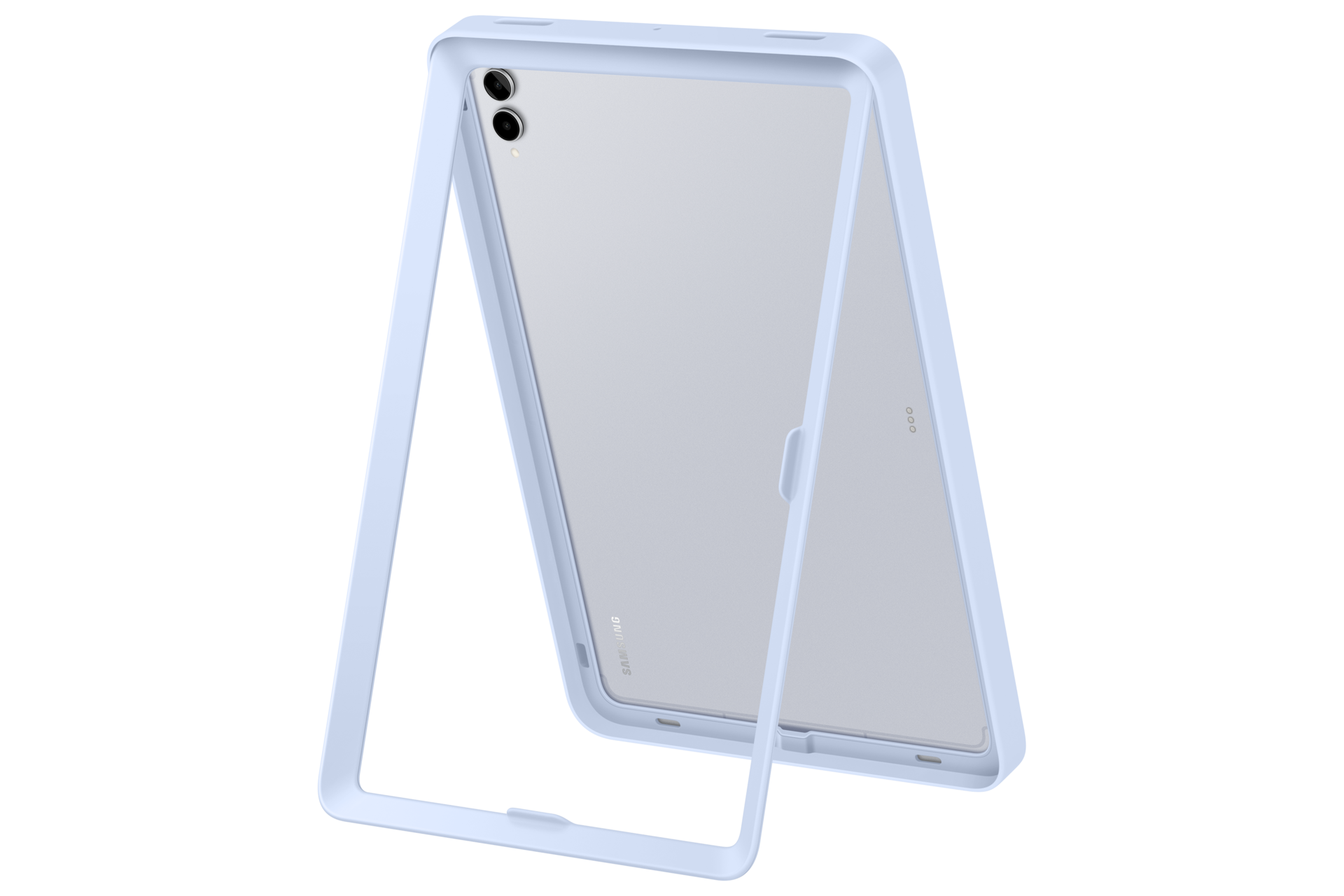Un tablet bianco con supporto su sfondo nero.