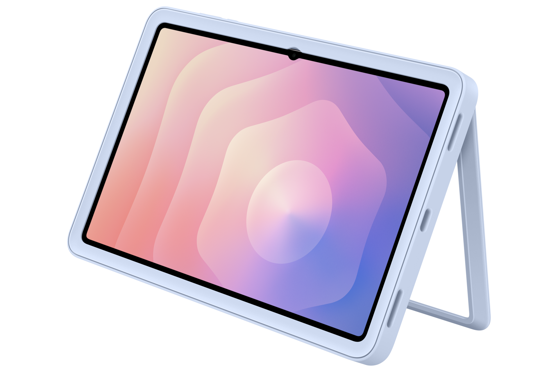 Un tablet bianco con supporto su sfondo nero mostra un colorato sfondo astratto rosa e viola.