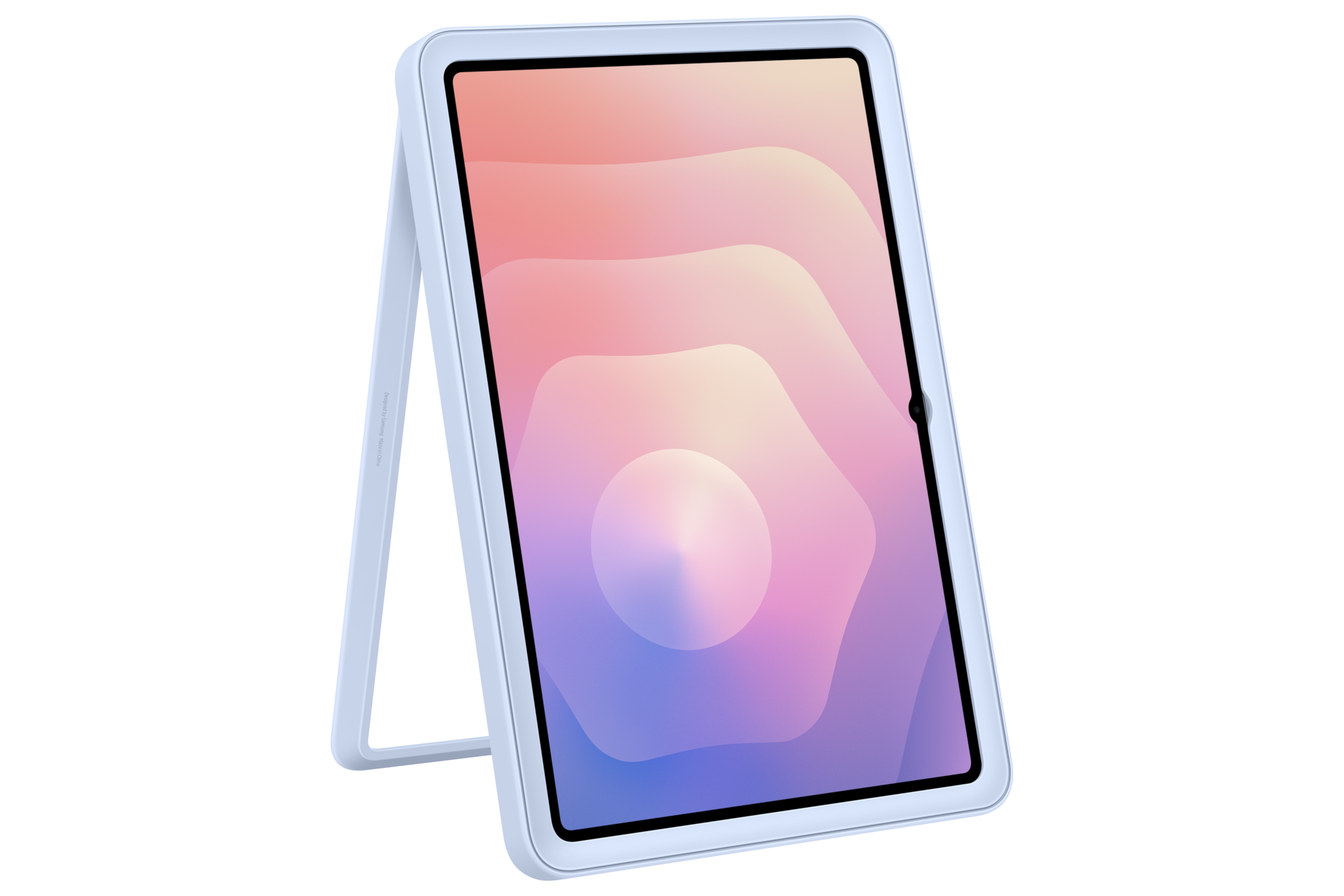 Un tablet bianco con supporto mostra uno sfondo colorato su sfondo nero.