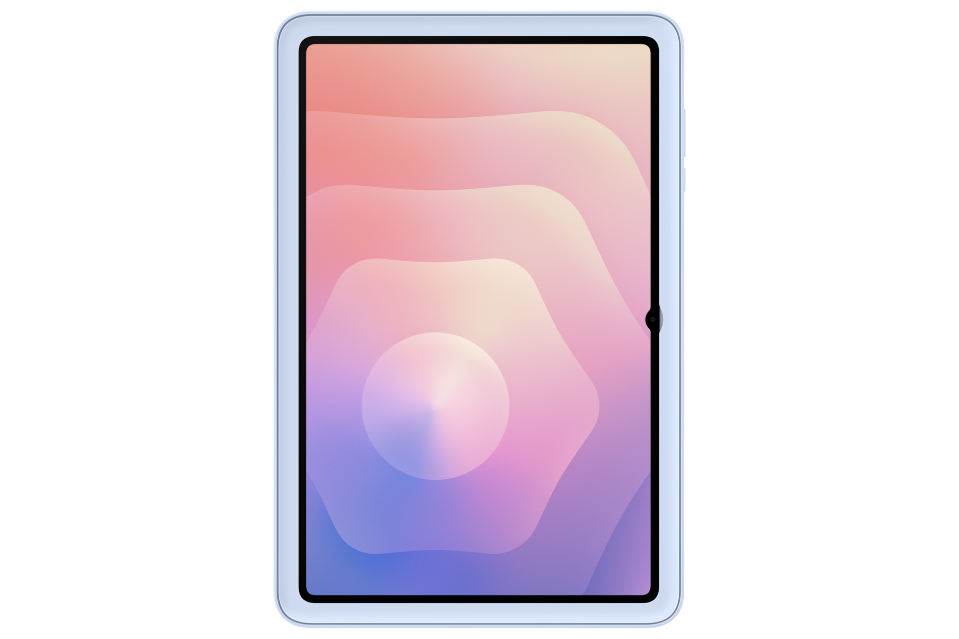 Un tablet bianco mostra uno sfondo astratto e colorato in rosa e viola.