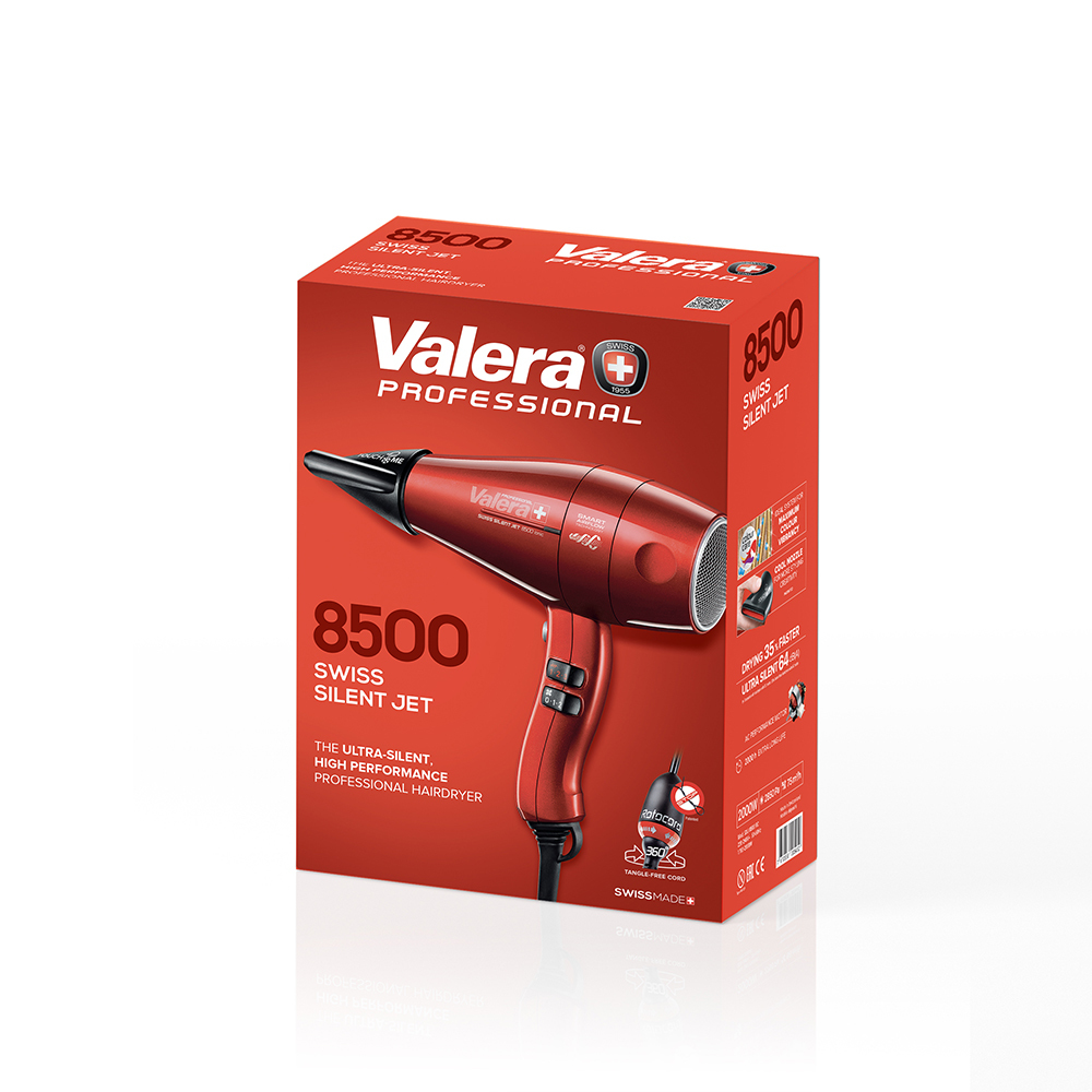 Confezione rossa per l'asciugacapelli Valera 8500 Swiss Silent Jet con un phon rosso sulla parte anteriore.