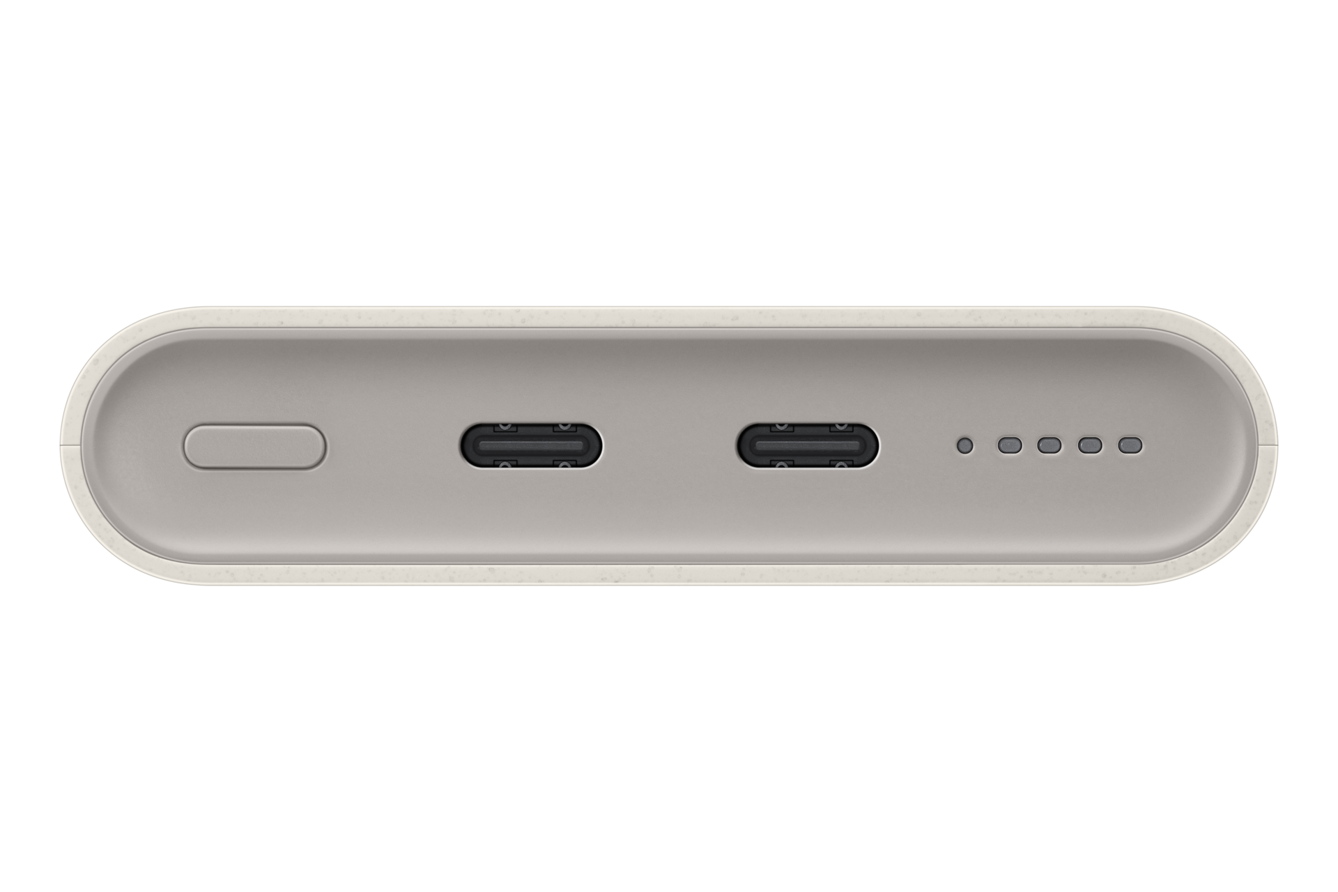 Szare podluzne urzadzenie z przyciskiem zasilania, dwoma portami USB-C i pięcioma diodami LED na czarnym tle.