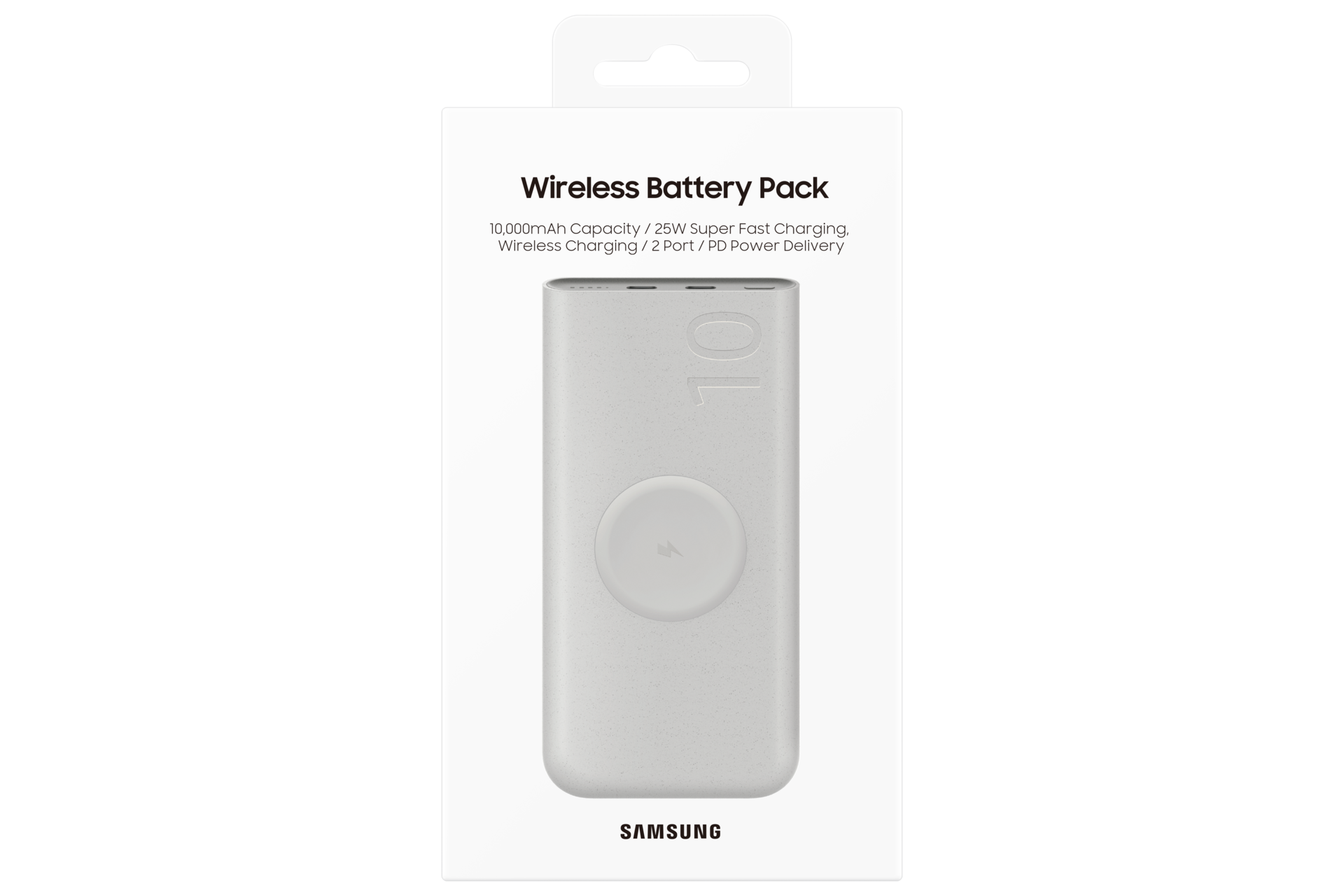 Opakowanie bezprzewodowego powerbanku Samsung o pojemności 10 000 mAh.