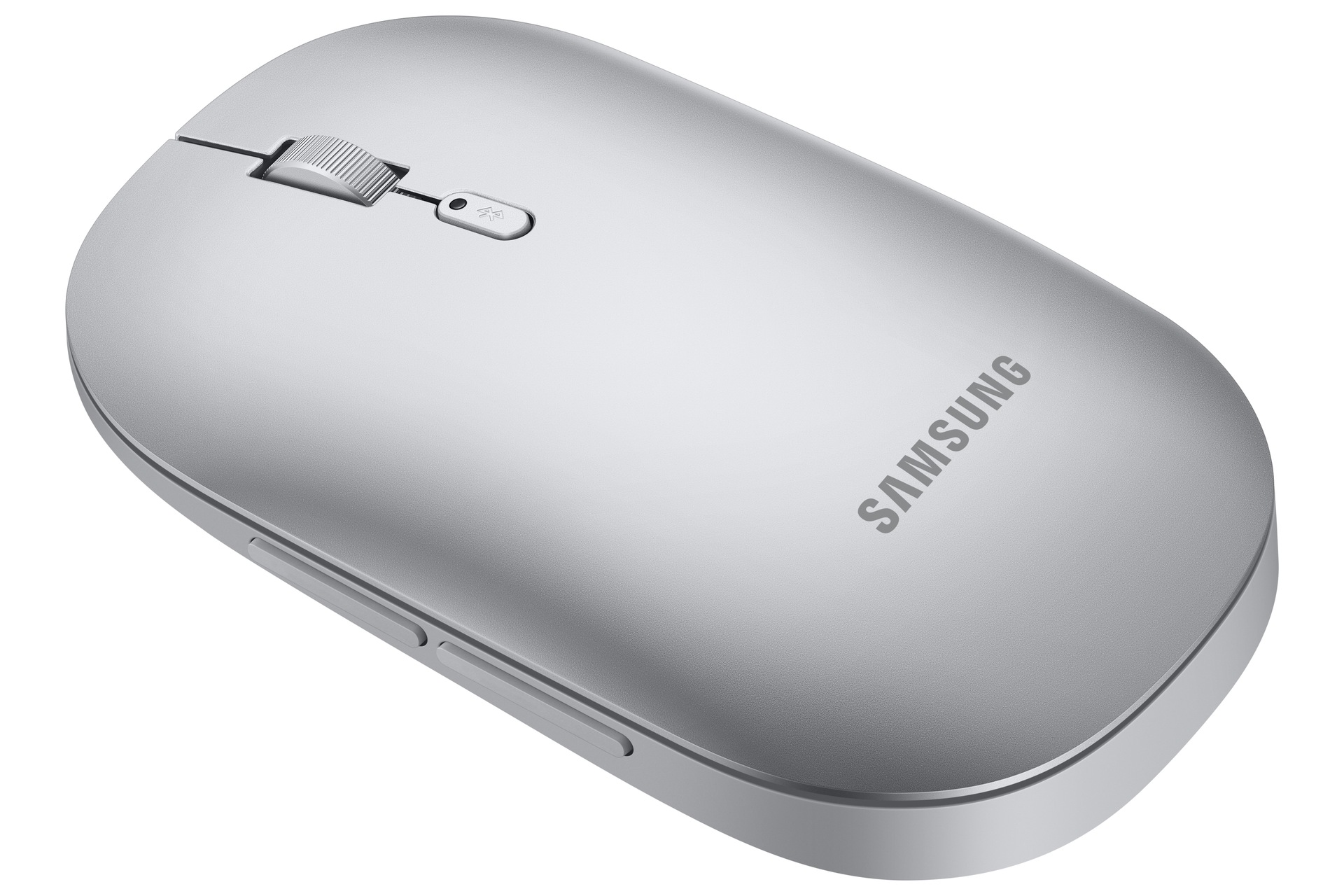 Eine silberne Samsung Bluetooth-Maus mit Scrollrad und Knöpfen auf einer weißen Hintergrundfläche.