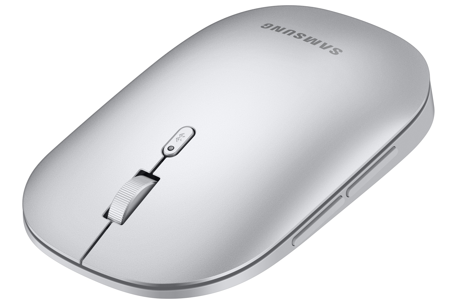 Eine silberne Samsung-Bluetooth-Maus auf weißem Hintergrund.