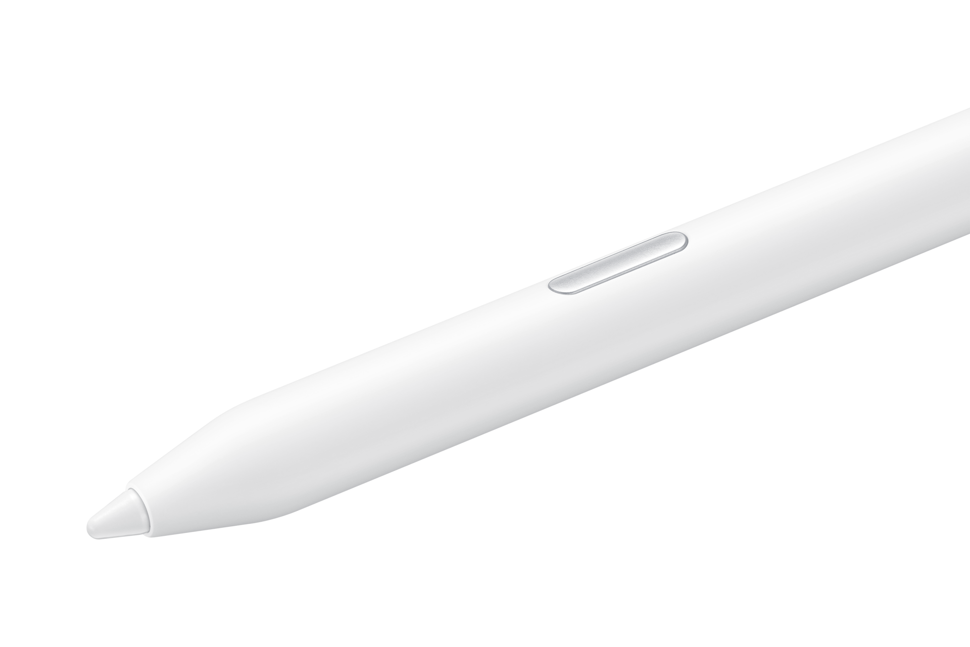 Un lápiz óptico digital blanco con un botón plateado sobre un fondo negro.