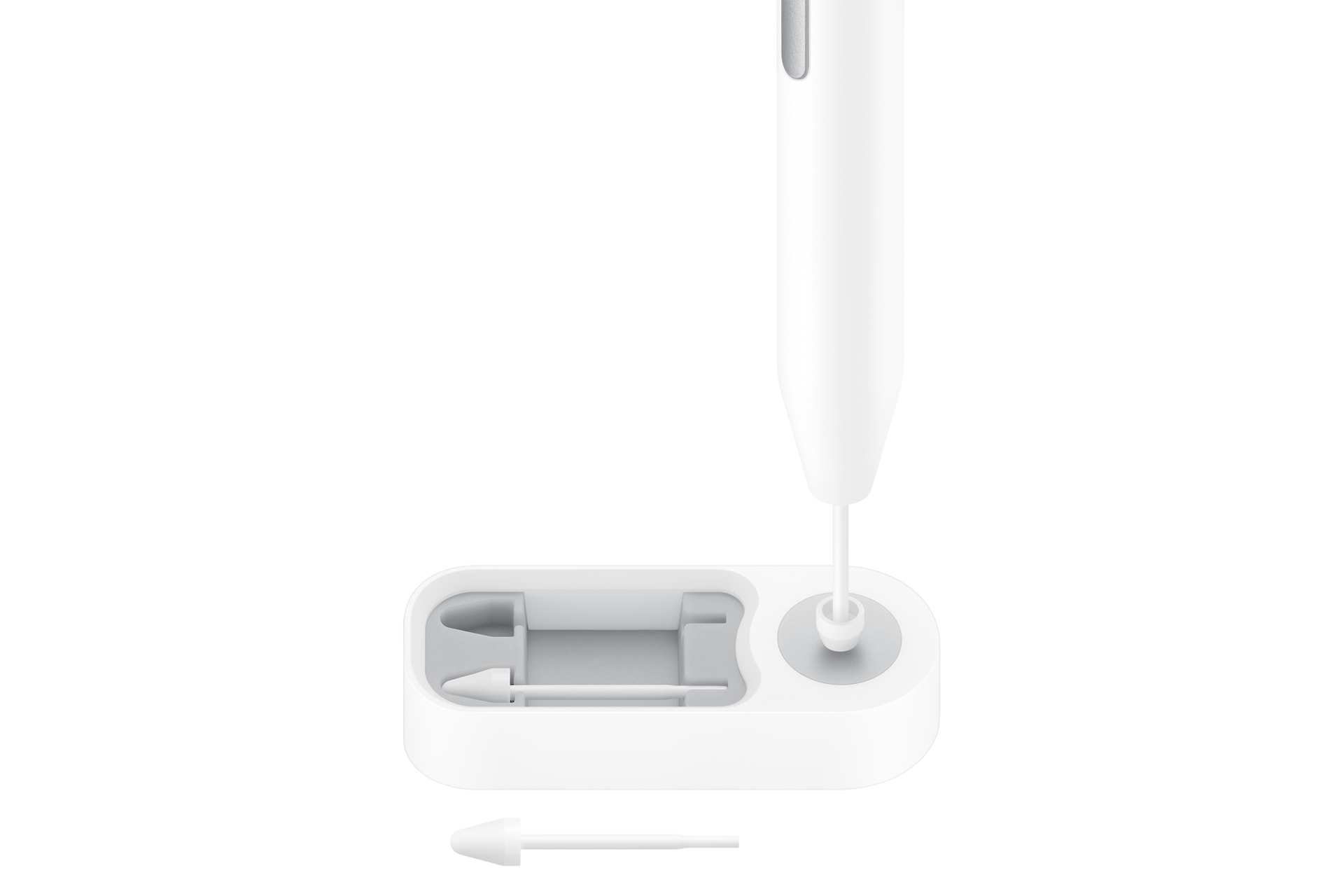Un dispositivo técnico blanco con puntas reemplazables sobre fondo negro.