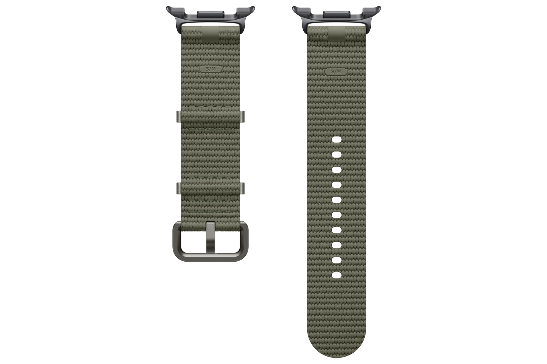 Cinturino per smartwatch intrecciato verde con fibbia e chiusure su sfondo nero.