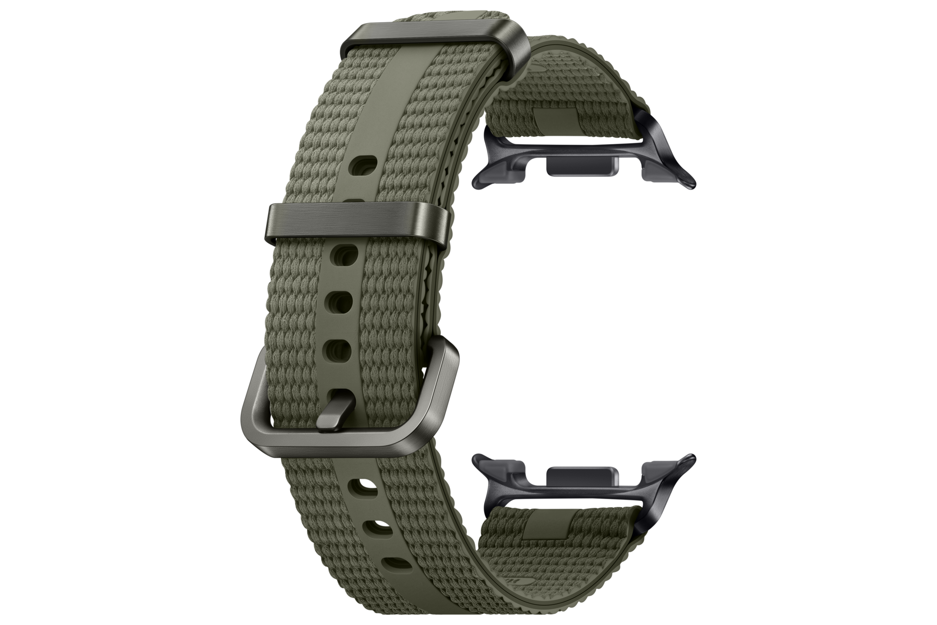 Un cinturino per orologio in nylon verde oliva con chiusura in metallo scuro su sfondo nero.