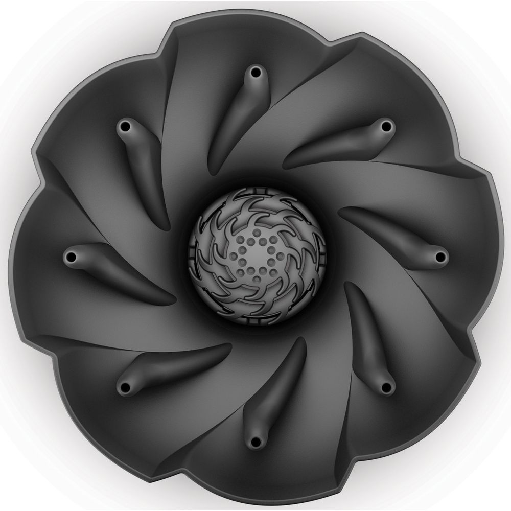 Uno stampo da forno in silicone nero a forma di fiore con centro circolare decorato e canali.