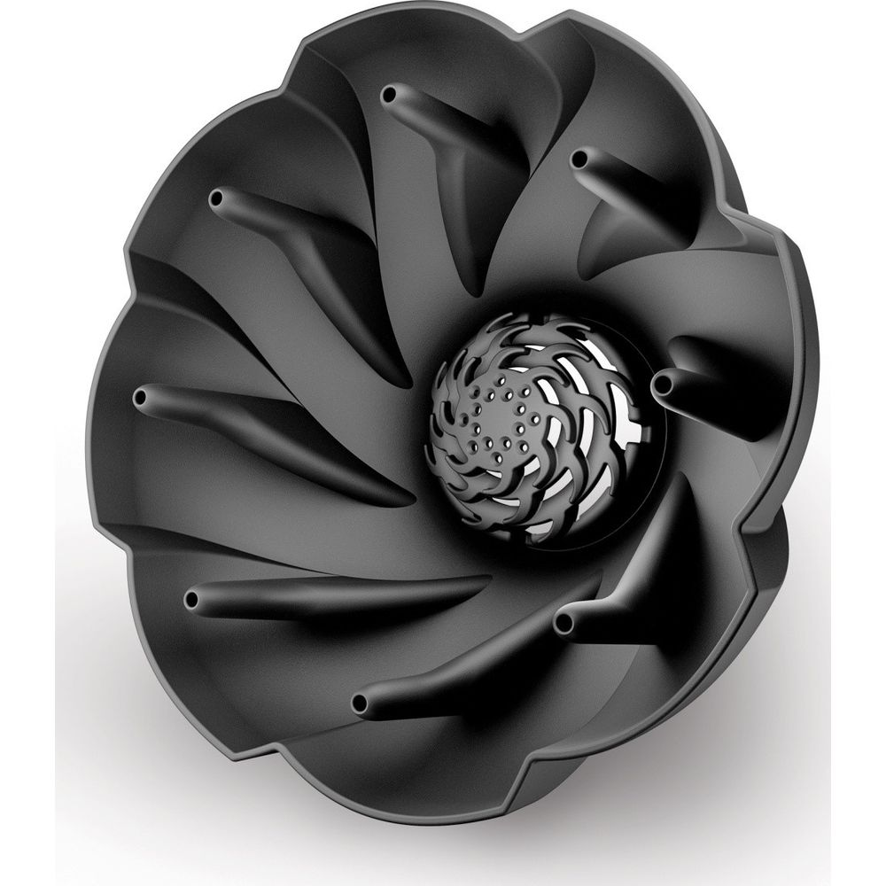 Un diffusore per phon nero a forma di fiore con punte a spirale e centro perforato.