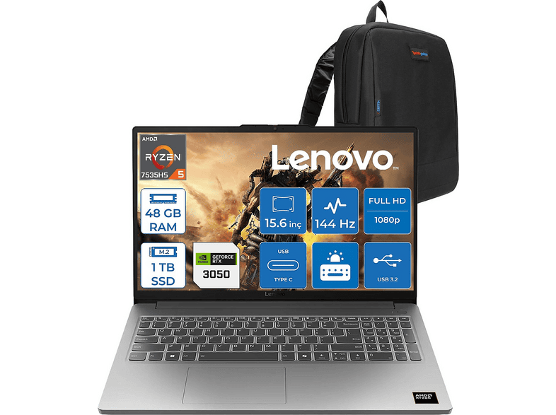 LENOVO LOQe DDR5 6GB/RTX3050/65 W 83S0002VTRF22 AMD Ryzen 5 7535HS 48 GB RAM 1 TB SSD 15,6 inç FreeDOS Laptop+Çanta Luna grey