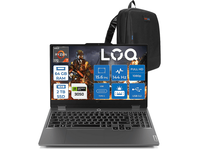LENOVO LOQ Essential DDR5 6GB/RTX3050/65 W 83S000DYTRF34 AMD Ryzen 7 170 64 GB RAM 1 TB SSD 15,6 inç FreeDOS Laptop+Çanta Luna grey