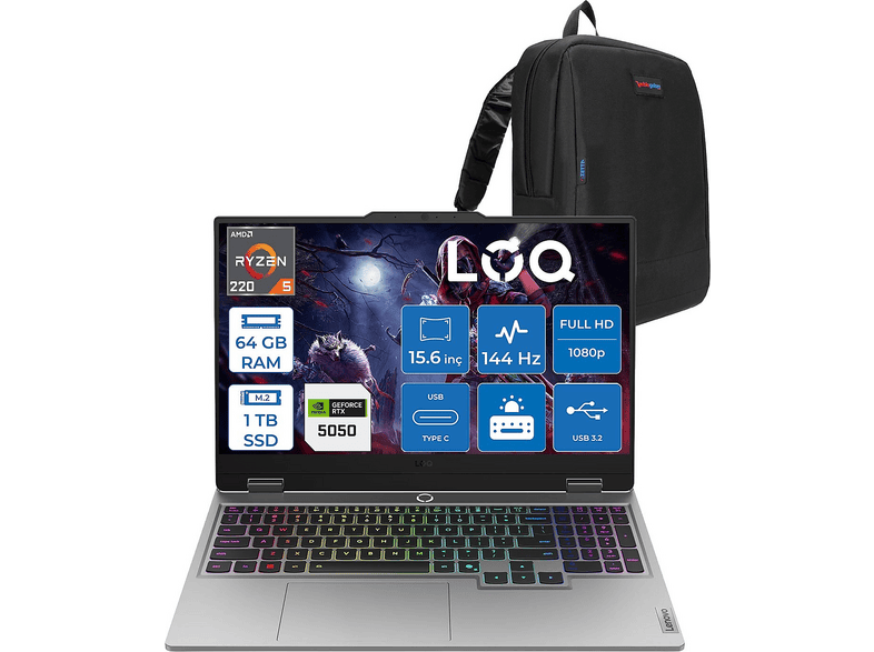 LENOVO LOQ Amd DDR5 8 GB /RTX5050 /100 W 83JG009TTRF27 AMD Ryzen 5 220 64 GB RAM 1 TB SSD 15,6 inç FreeDOS Laptop+Çanta Luna Grey