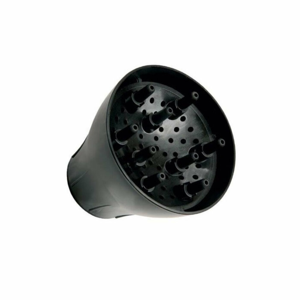 Diffusore per phon in plastica nera con punte e fori d'aria su sfondo bianco.