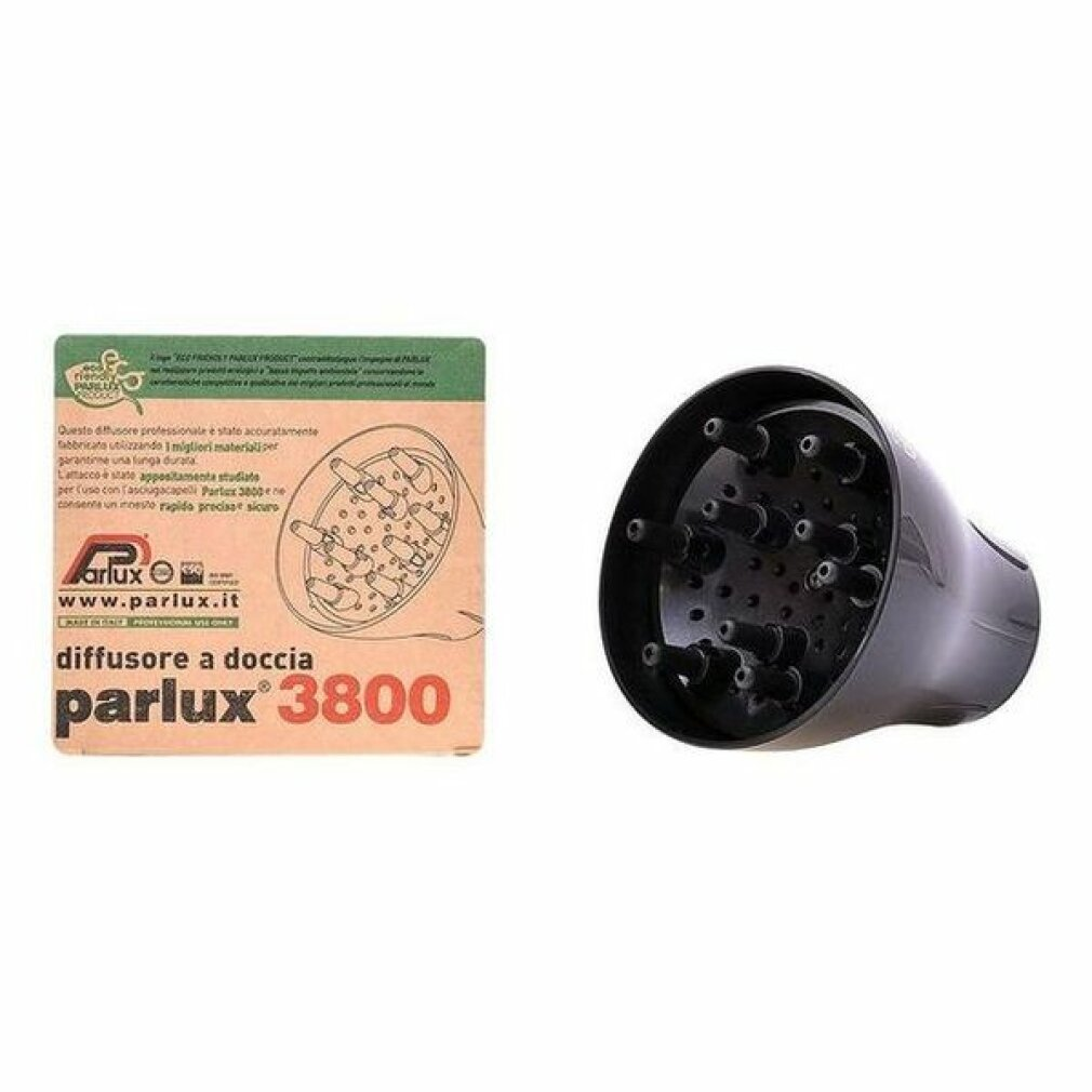 Un diffusore per capelli Parlux 3800 nero accanto alla sua scatola di cartone.