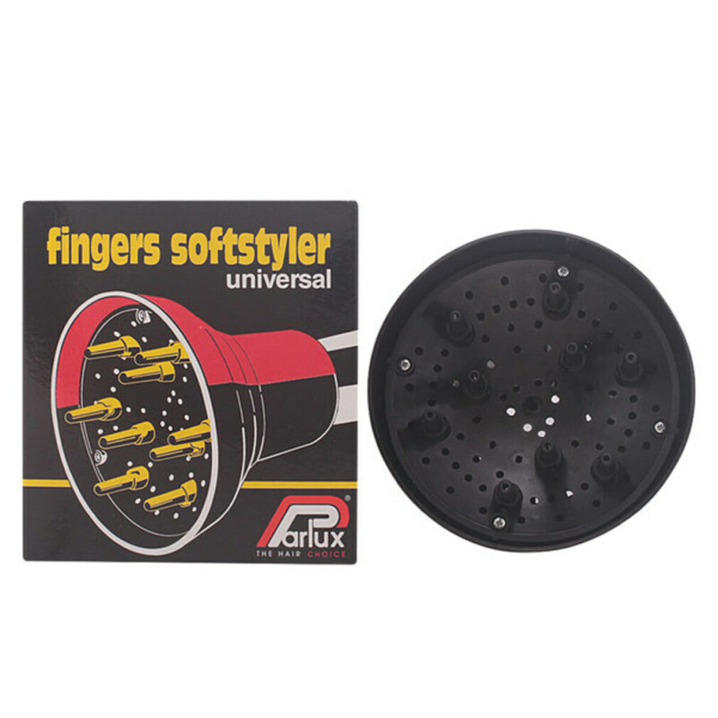 Un diffusore universale nero Parlux fingers softstyler accanto alla sua scatola.