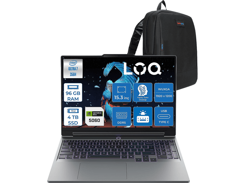 LENOVO LOQ DDR5 8 GB /RTX5060/115 W 15IPH1156F40 Intel Core Ultra 7 356H 96 GB RAM 4 TB SSD 15,3 inç FreeDOS Laptop+Çanta Luna Grey