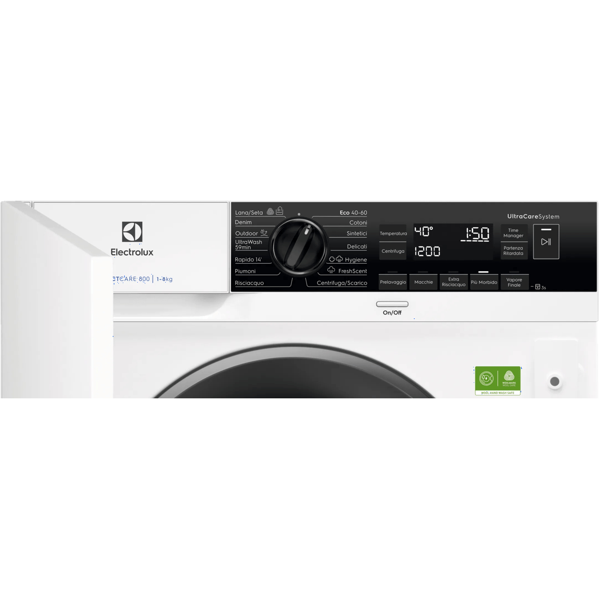 Pannello di controllo di una lavatrice bianca Electrolux con manopola e display digitale.
