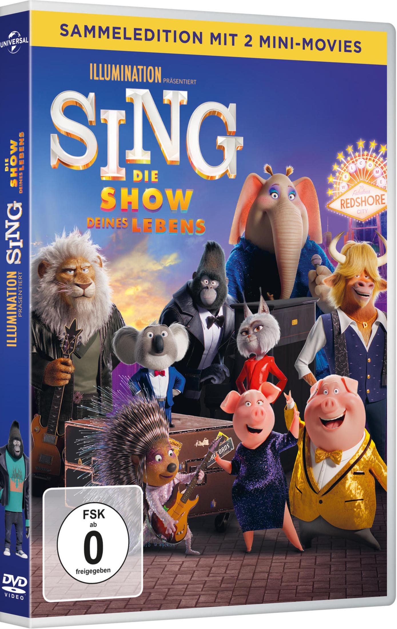 DVD-Cover von Sing 2 zeigt animierte Tiercharaktere wie Koala, Löwe, Elefant und Schweine auf einer Bühne.