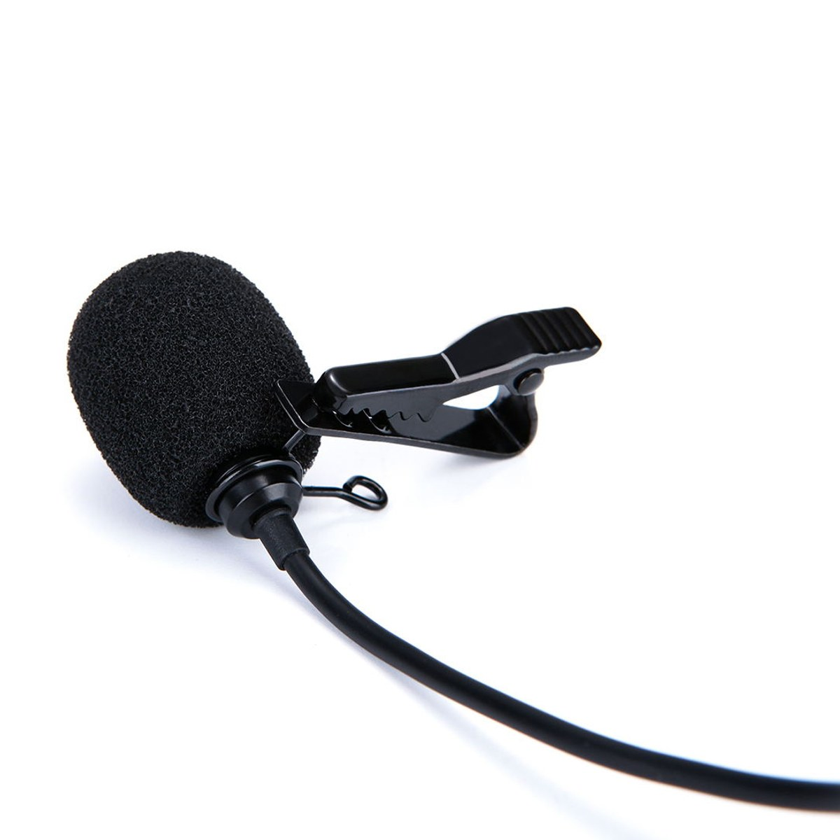 A small black lavalier microphone with a foam windscreen and metal clip against a white background.