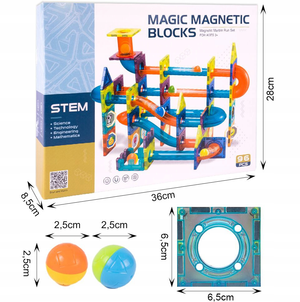 Pudełko Magic Magnetic Blocks, 96-elementowy magnetyczny zestaw toru kulkowego z wymiarami i dwiema kulkami.