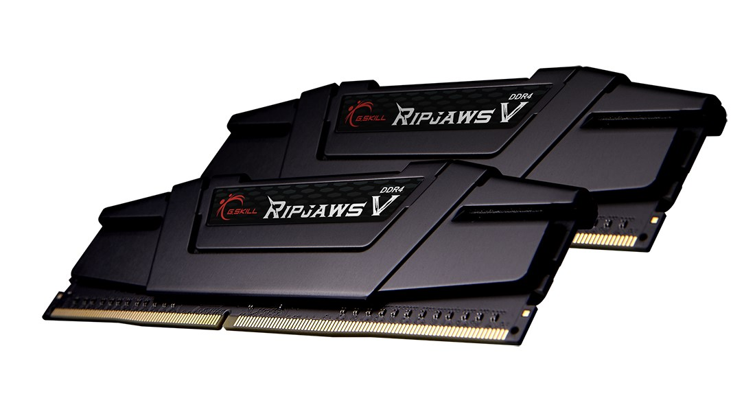 Deux barrettes de RAM DDR4 G.Skill Ripjaws V noires avec dissipateurs sur fond blanc.