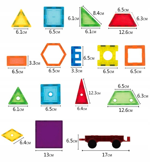 Różne kolorowe magnetyczne kształty geometryczne i podwozie samochodu zabawkowego z wymiarami w centymetrach.