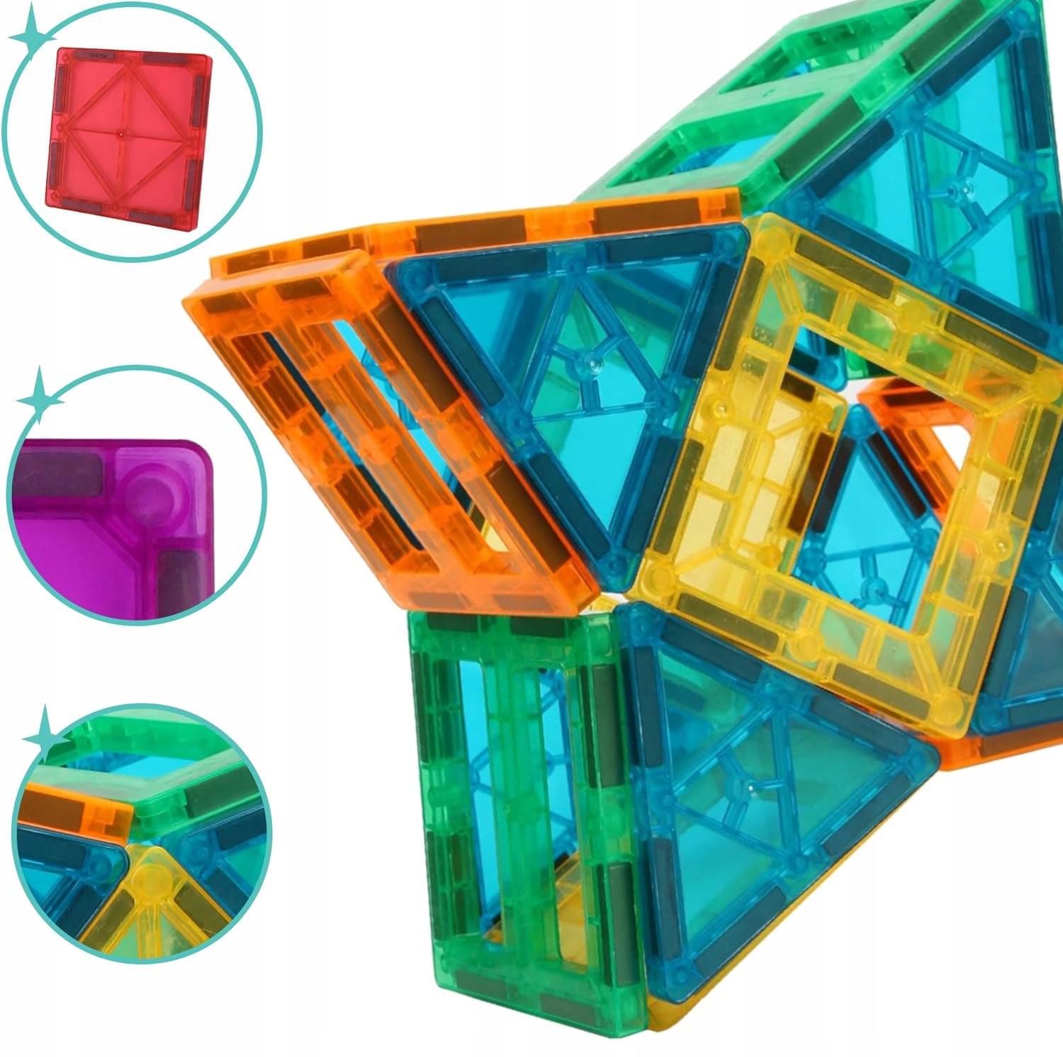 Złożona konstrukcja geometryczna z kolorowych, półprzezroczystych płytek magnetycznych.