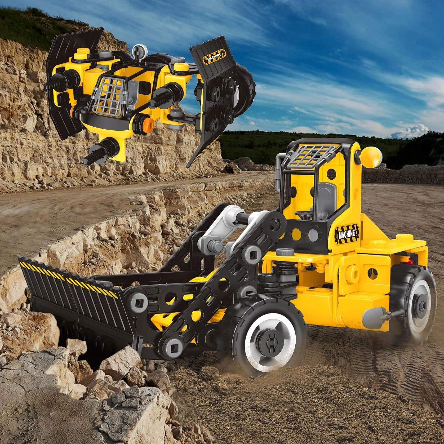 Żółto-czarny spychacz zabawka na ziemi, z lecącym modelem alternatywnym unoszącym się na tle skalistego krajobrazu.