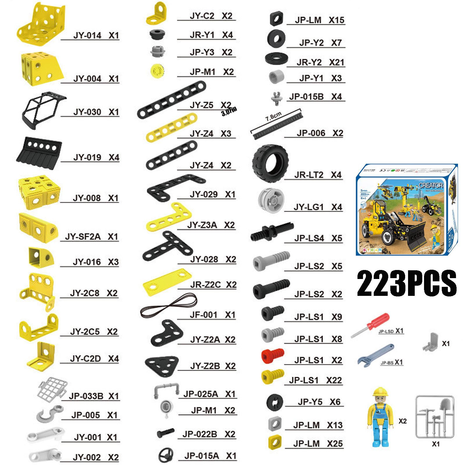 Lista części zestawu konstrukcyjnego składającego się z 223 elementów, z żółtymi i czarnymi klockami, narzędziami i figurką.