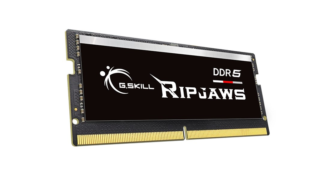Czarna kość pamięci RAM G.SKILL Ripjaws DDR5 na białym tle.