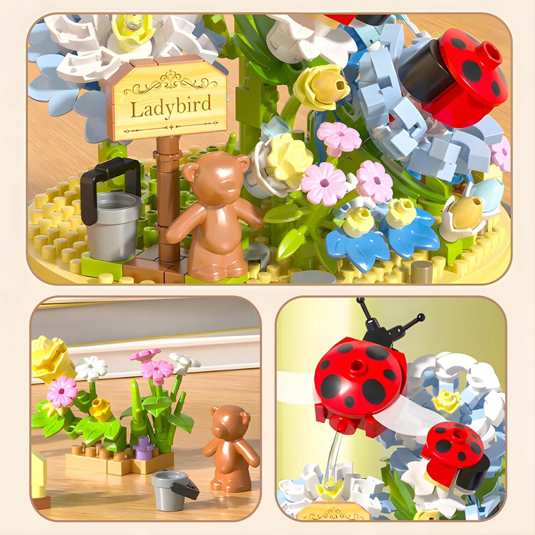 Ogród Lego z kolorowymi kwiatami, szyldem Ladybird, brązowym niedźwiedziem, wiaderkiem i czerwonymi biedronkami.