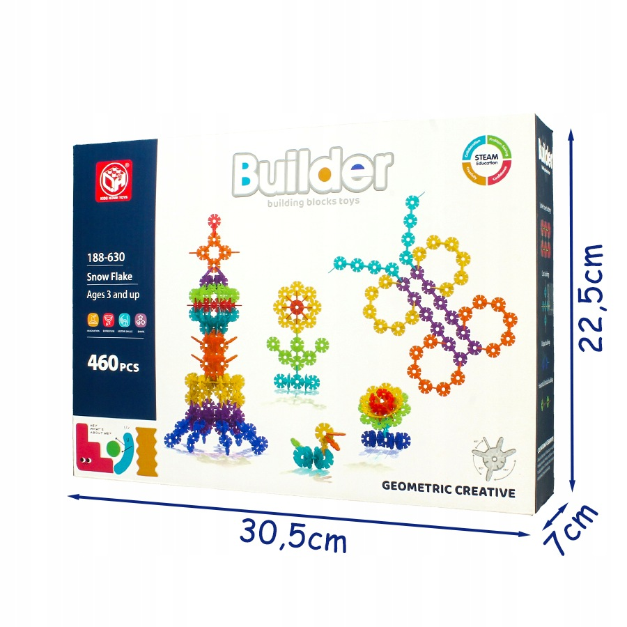 Opakowanie klocków Builder z kolorowymi kształtami płatków śniegu o wymiarach 30,5x22,5x7 cm.