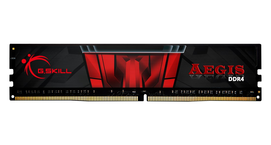 Czarno-czerwony moduł pamięci RAM G.SKILL Aegis DDR4 na białym tle.