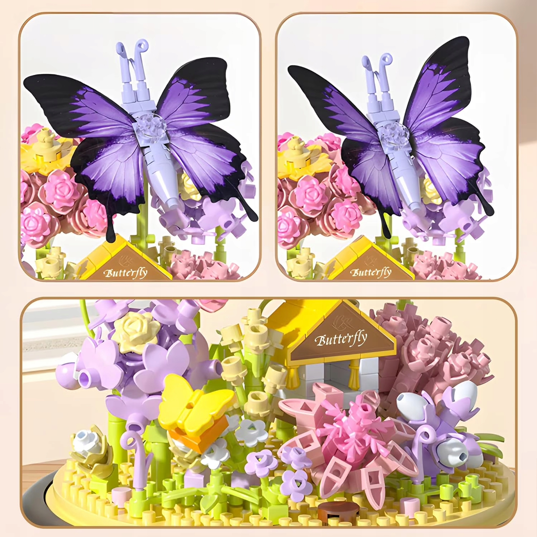 Model motyla z klocków Lego na rabacie kwiatowej z domkiem i napisem Butterfly.