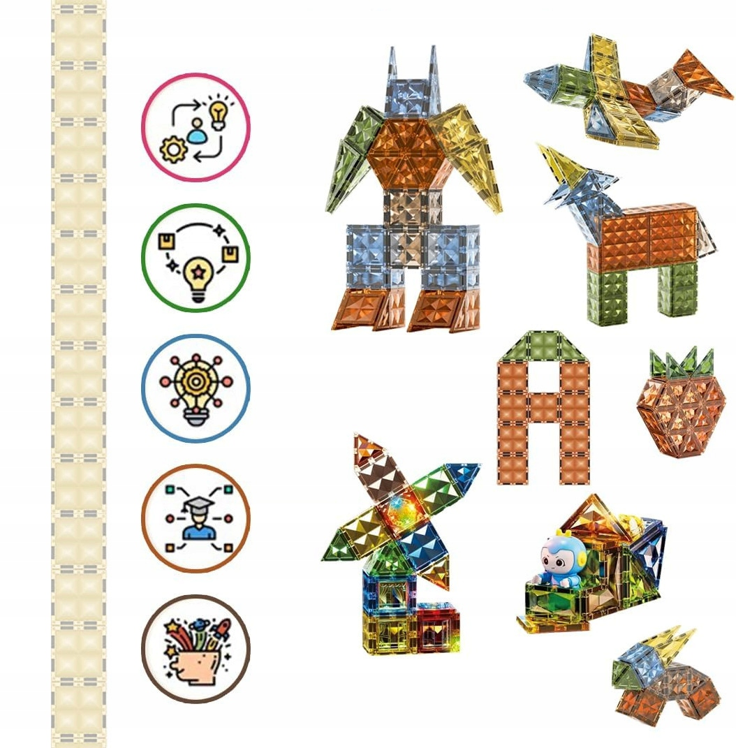 Kolorowe magnetyczne figurki zabawki, takie jak roboty, zwierzęta i pojazdy obok pięciu ikon.