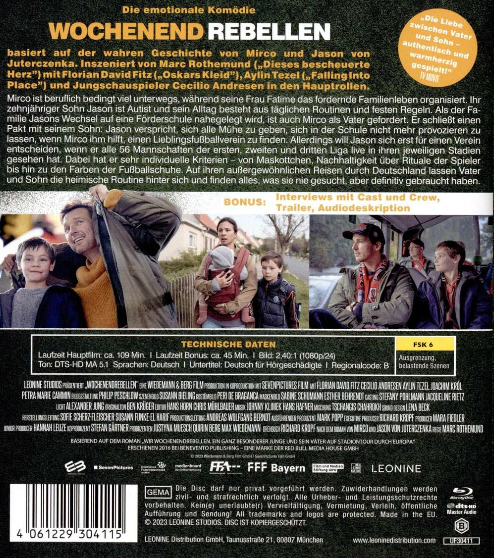 DVD-Cover mit Cast-Szenen, Text und technischen Daten zu Wochenend Rebellen.